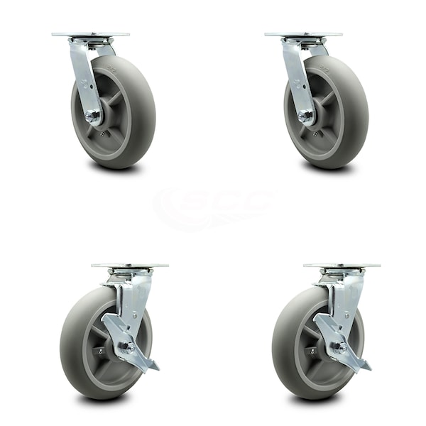 8 Inch Thermoplastic Rubber Swivel Caster Set with Ball Bearings 2 Brakes SCC